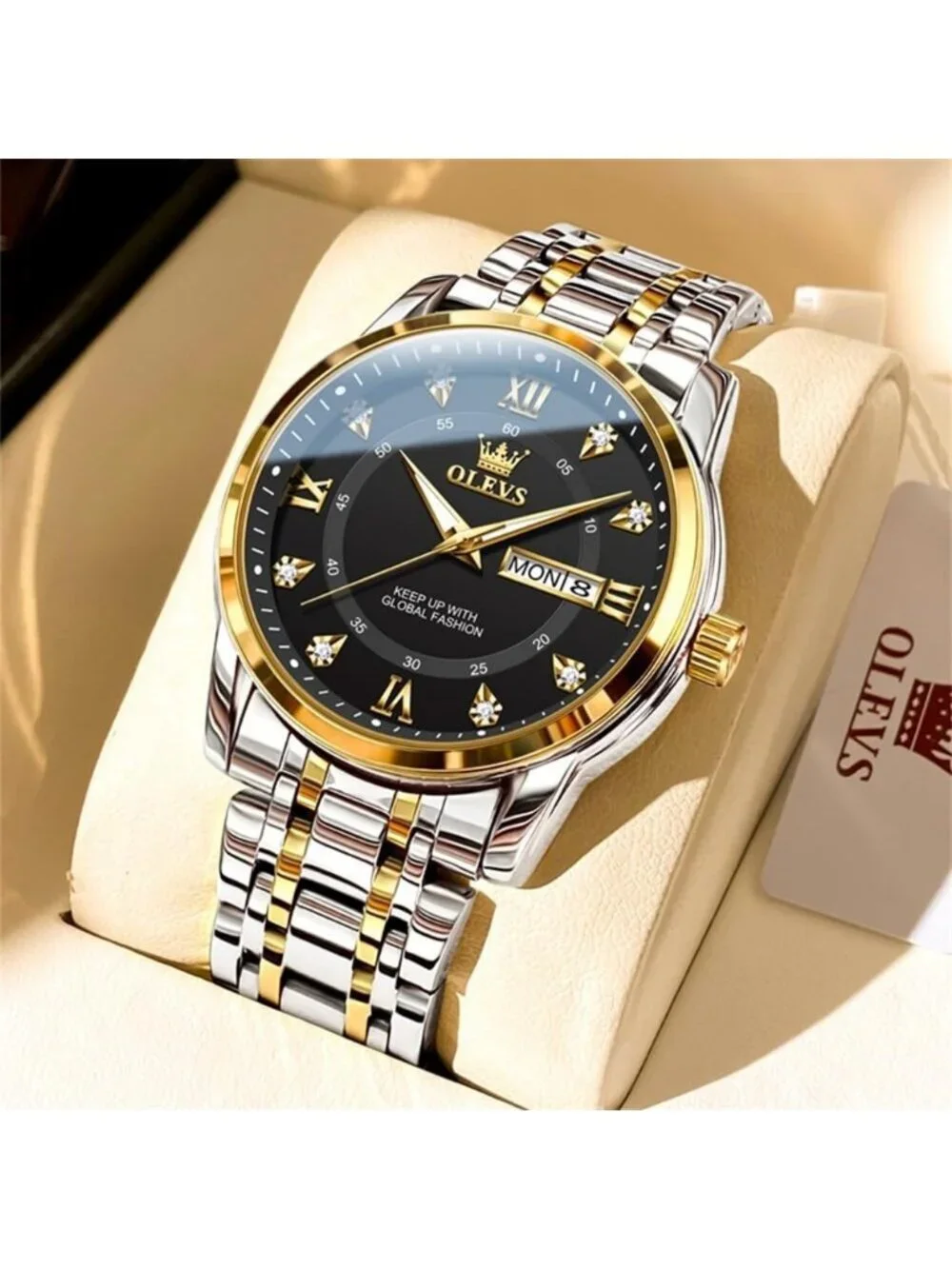 Mens Silver Black Stainless Steel Waterproof Roman Numbers Diamond Classic Watch